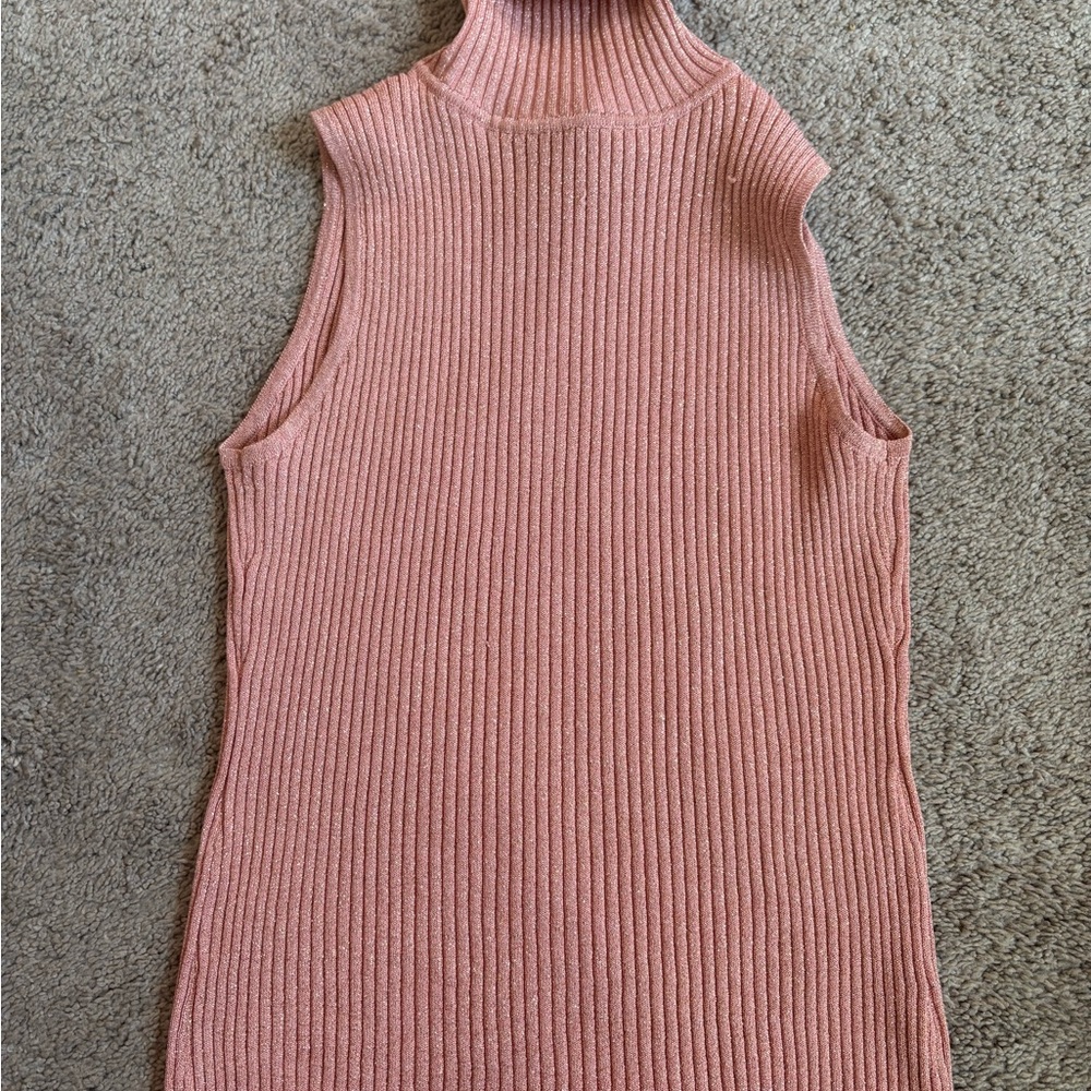 Pink and gold glitter Sleeveless Ribbed Knit Turtleneck Top